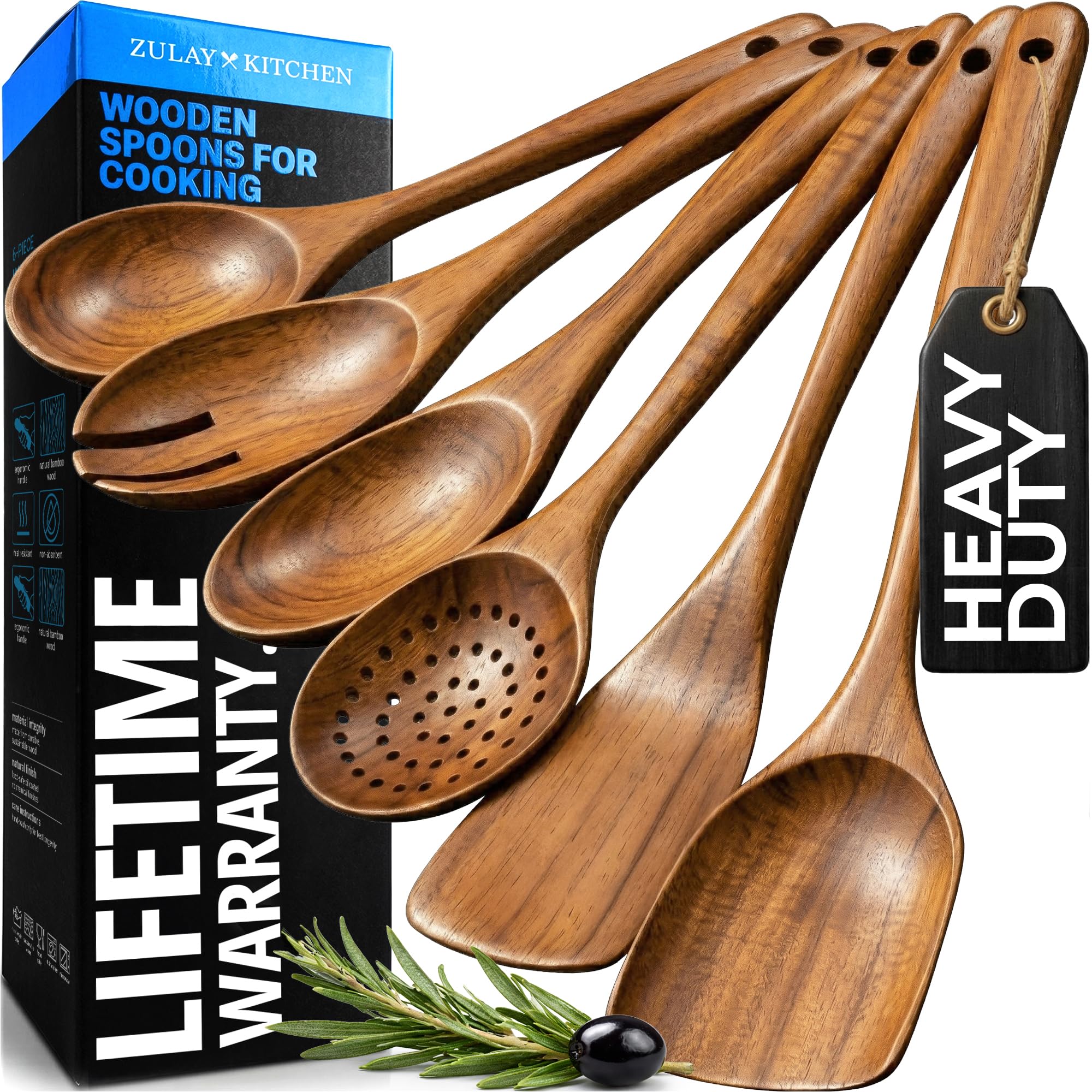 Zulay Kitchen Premium Wooden Utensils for Cooking - 6pc Set Non